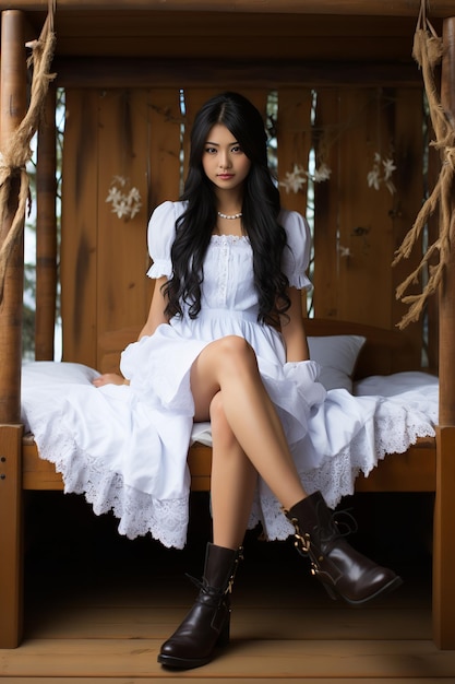 A young woman wearing French puffy dress and sitting on bed Generative AI