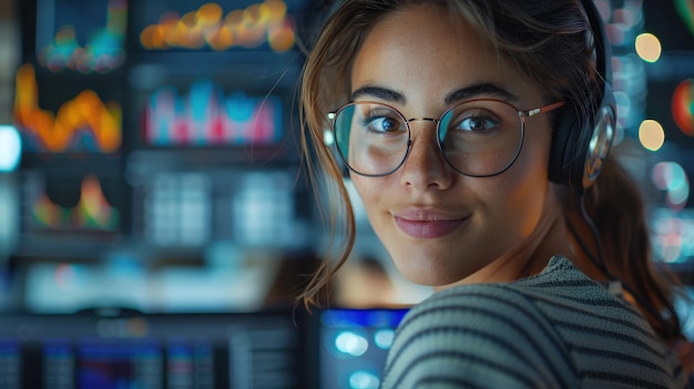 A young woman wearing glasses and headphones working at a modern office with multiple computer screens displaying various data and graphs