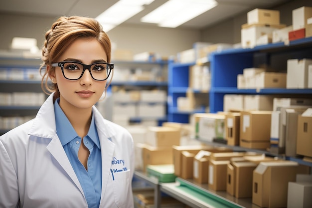 A young woman wearing glasses and a white lab coat is standing in a pharmacy There are shelves of b