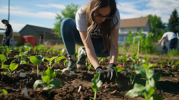 Photo a young woman wearing glasses and a white shirt is planting seedlings in a garden