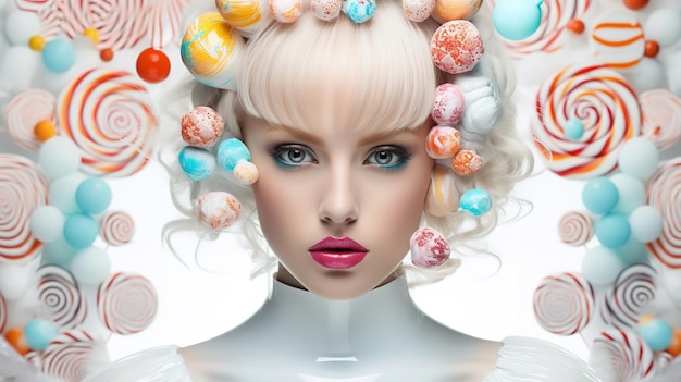 Young woman wearing gorgeous dress concept of candy against white background Generative AI