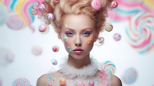 Young woman wearing gorgeous dress concept of candy against white background Generative AI