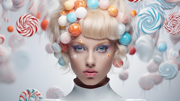 Young woman wearing gorgeous dress concept of candy against white background Generative AI