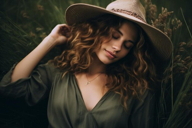 Young woman wearing hat with eyes closed sitting on field