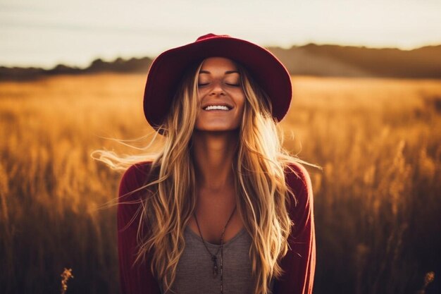 Young woman wearing hat with eyes closed sitting on field