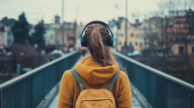 Photo young woman wearing headphones and backpack walking on a bridge in an urban setting during a cloudy day