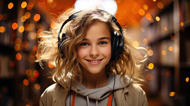 young woman wearing headphones smiles and stands in a public place Listening to audiobooks concept Generative AI