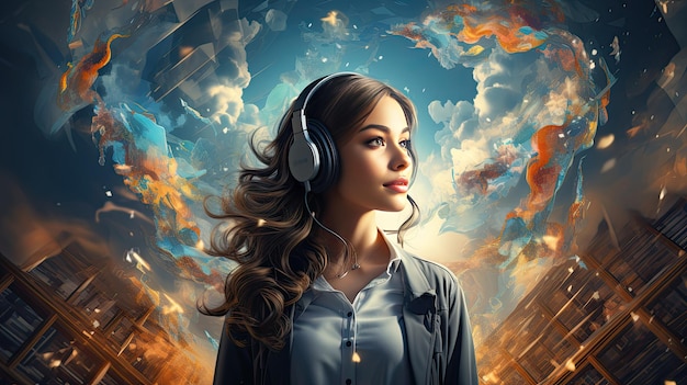 young woman wearing headphones smiles and stands in a public place Listening to audiobooks concept Generative AI