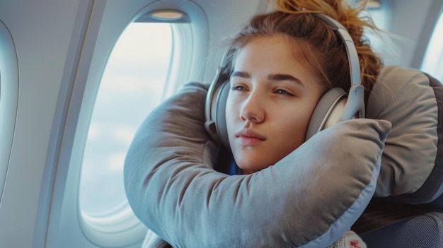 Photo a young woman wearing headphones and a travel pillow rests peacefully in her airplane seat the soft light streaming through the window creates a serene atmosphere