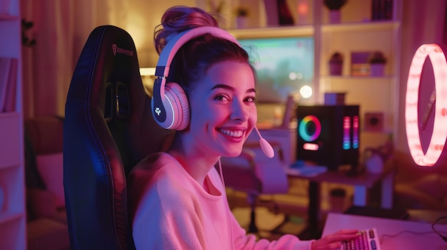 A young woman wearing a headset smiles while gaming in a room with neon lighting