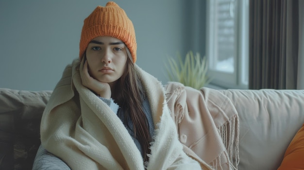 A young woman wearing an orange knit cap and bundled in a blanket sits on a couch looking pensive and slightly upset