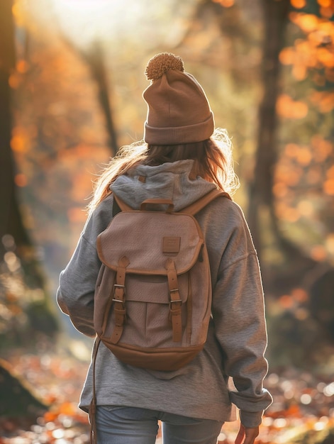 A young woman wearing an oversized hoodie and hat carrying her backpack while walking in the forest