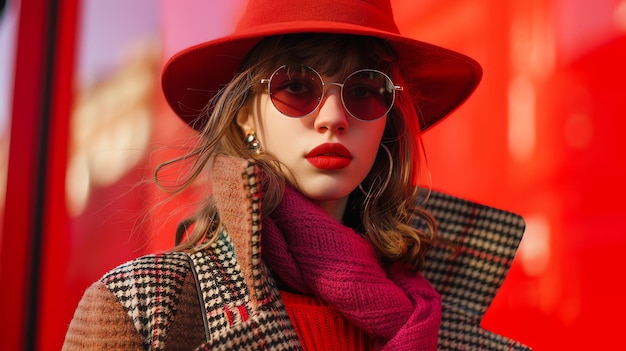 A young woman wearing a red hat and sunglasses poses in front of a red background