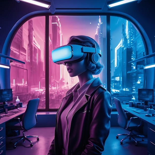 A young woman wearing a stylish futuristic VR