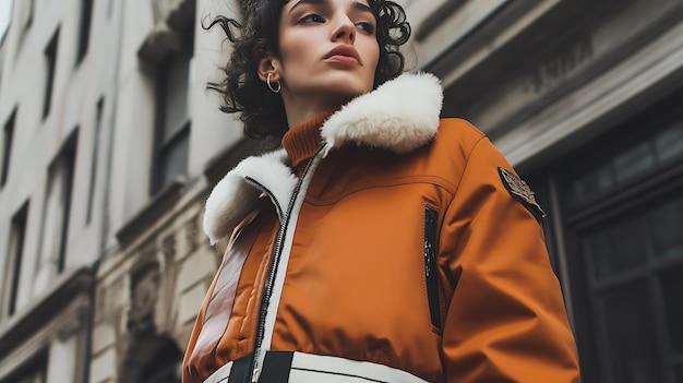 Photo young woman wearing a stylish orange jacket with a white fur collar