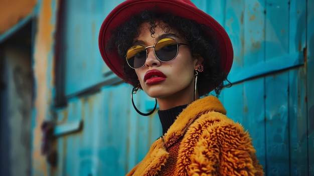 A young woman wearing a stylish red hat and sunglasses poses in front of a blue background