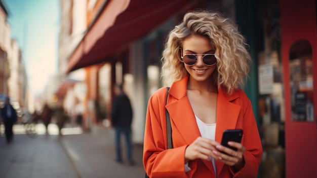 Photo a young woman wearing sunglasses captured in a moment of using her mobile phone on a vibrant city