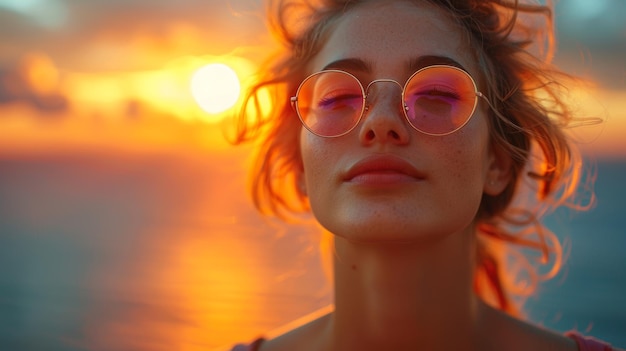 Young Woman Wearing Sunglasses Looking Up At Sunset