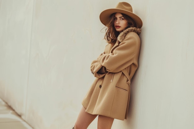 Photo a young woman wearing a tan coat and hat stands against a white wall