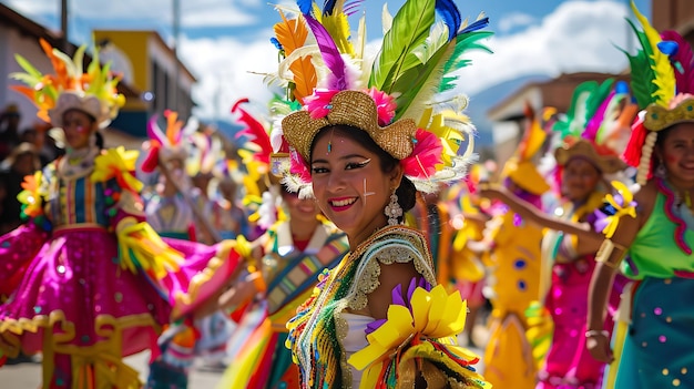 A young woman wearing a traditional Bolivian costume smiles as she dances during a festival