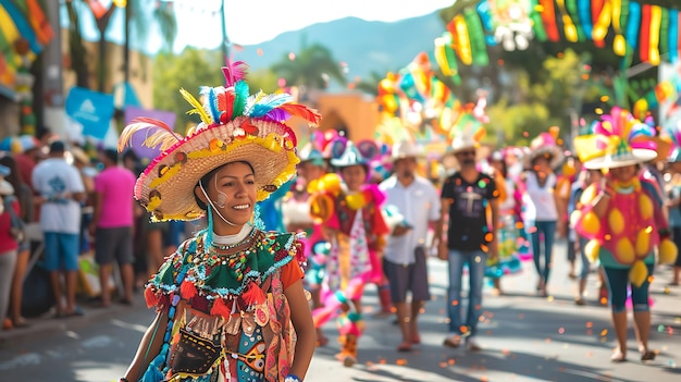 A young woman wearing a traditional Mexican dress and a large feathered hat smiles as she walks down a street during a festival