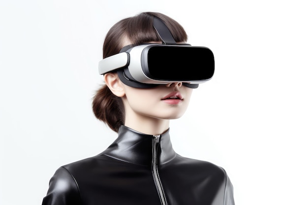 Young woman wearing virtual reality goggles in black overcoat Isolated on white background