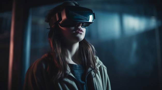 Young woman wearing virtual reality goggles Future technology and entertainment conceptgenerative ai