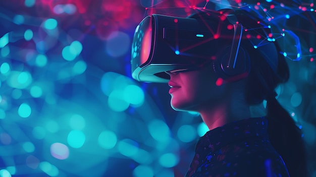 Young woman wearing a virtual reality headset and experiencing a virtual world