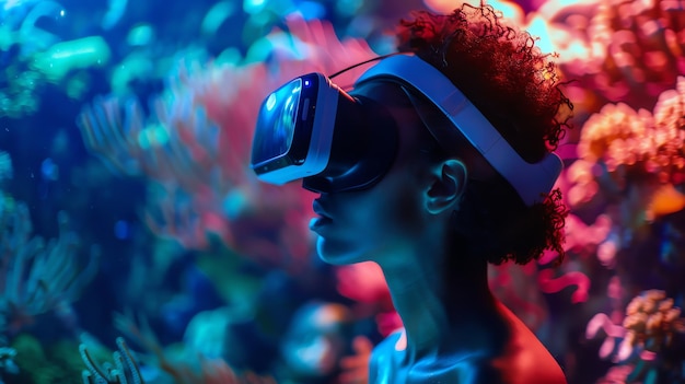 Young woman wearing a virtual reality headset and exploring a coral reef