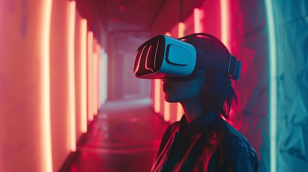 Young woman wearing a virtual reality headset and exploring a digital world