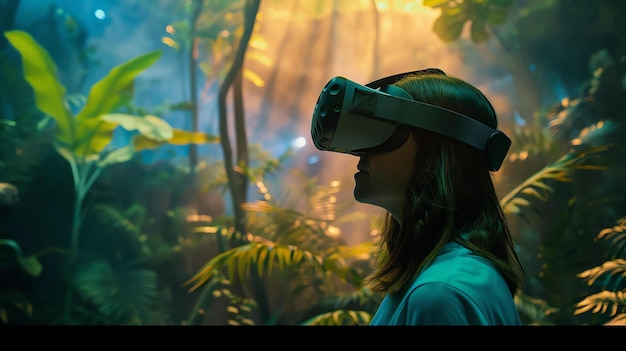 Photo young woman wearing a virtual reality headset and exploring a lush rainforest