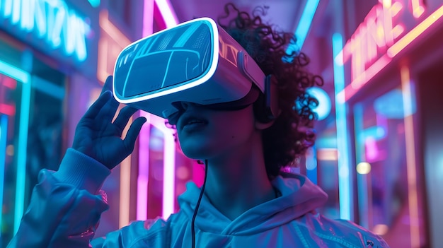 Young woman wearing a virtual reality headset and exploring a neonlit city She is amazed by the sights and sounds of the virtual world