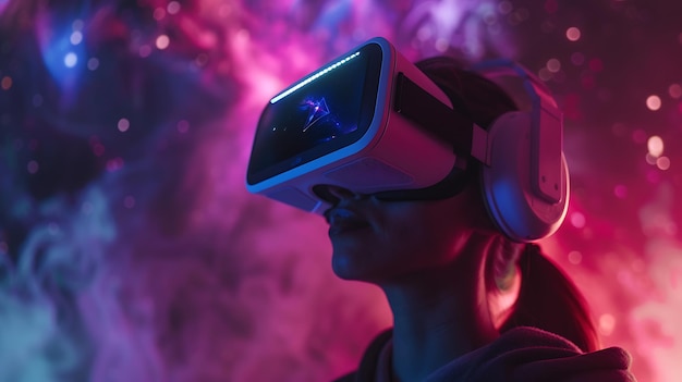 Young woman wearing a virtual reality headset and headphones She is standing in a colorful abstract futuristic environment