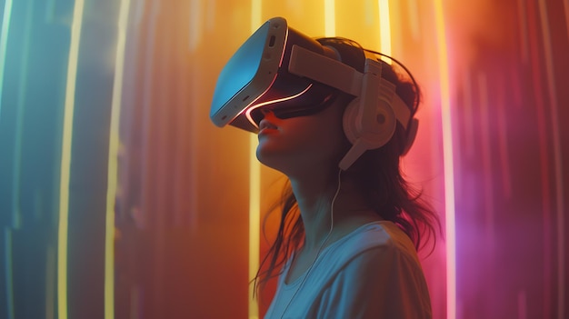 Young woman wearing a virtual reality headset and headphones She is standing in a dark room with colorful neon lights in the background