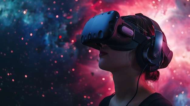 Young woman wearing a virtual reality headset and headphones She is standing in a dark room