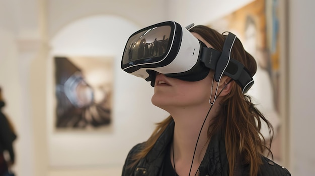 Young woman wearing a virtual reality headset She is looking around a museum and is amazed by what she is seeing