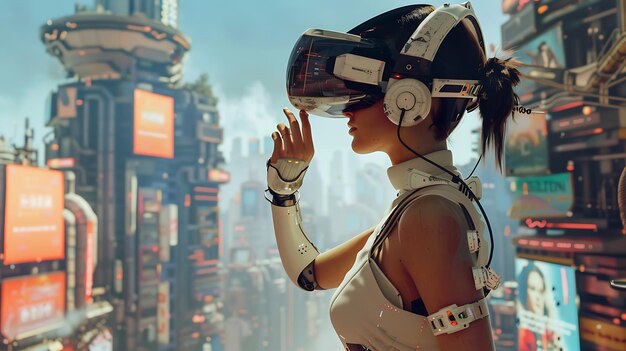 A young woman wearing a virtual reality headset stands in a futuristic city She is looking at the city with her eyes closed