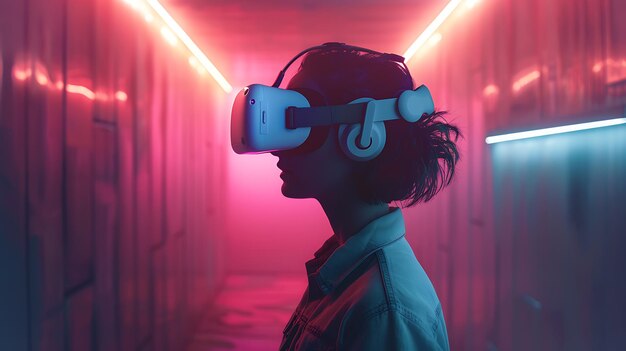 A young woman wearing a virtual reality headset stands in a futuristic hallway The headset is white and has a blue light on the front