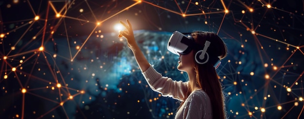 A young woman wearing virtual reality VR headset immersed in a vibrant virtual world