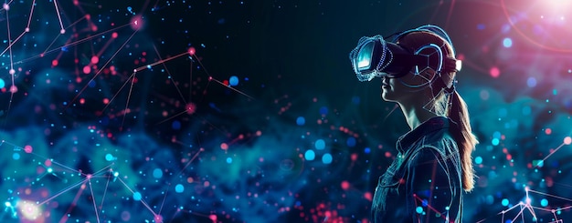 A young woman wearing virtual reality VR headset immersed in a vibrant virtual world