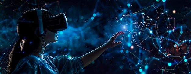 A young woman wearing virtual reality VR headset immersed in a vibrant virtual world