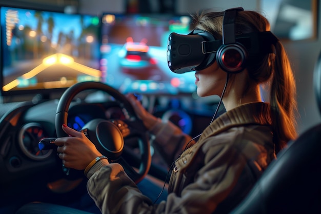 Young woman wearing VR glasses drives a car in a virtual reality game with a big screen and steering wheel controls at home