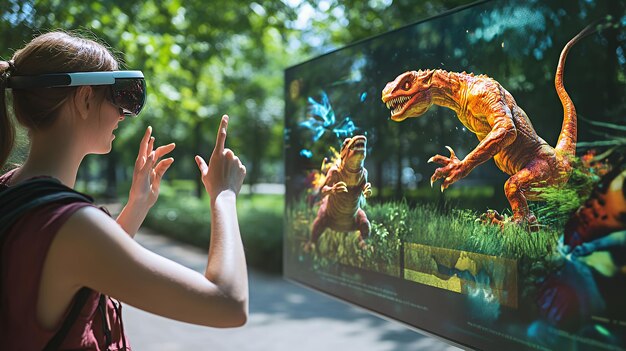 Photo young woman wearing vr glasses and interacting with a digital screen displaying dinosaurs in a virtual reality experience