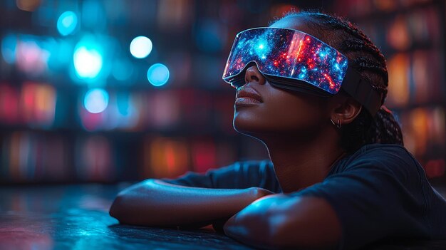 Young Woman Wearing VR Glasses with a Galaxy Display