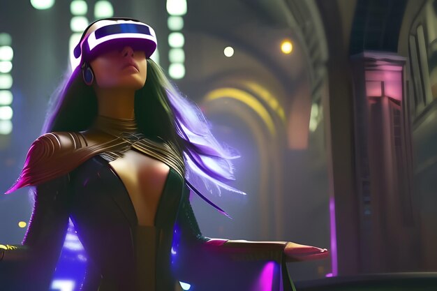 Young woman wearing a VR headset and experiencing virtual reality simulation metaverse and cyberspace