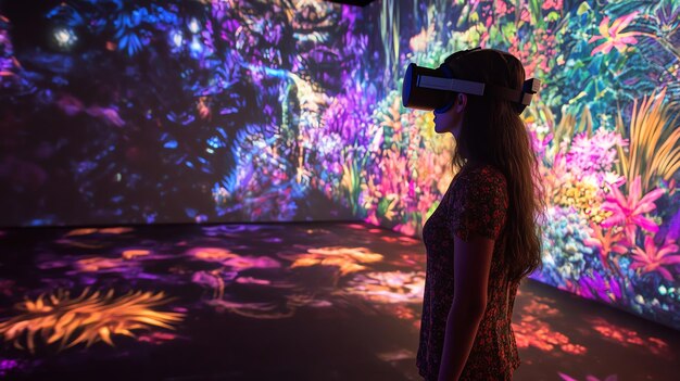 A young woman wearing a VR headset stands in a colorful immersive room