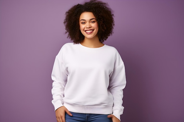 Young woman wearing white sweatshirt mockup at purple background Design pullover template print presentation mockup Generated AI