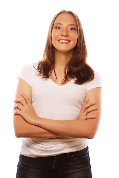 young woman wearing white tshirt studio shot