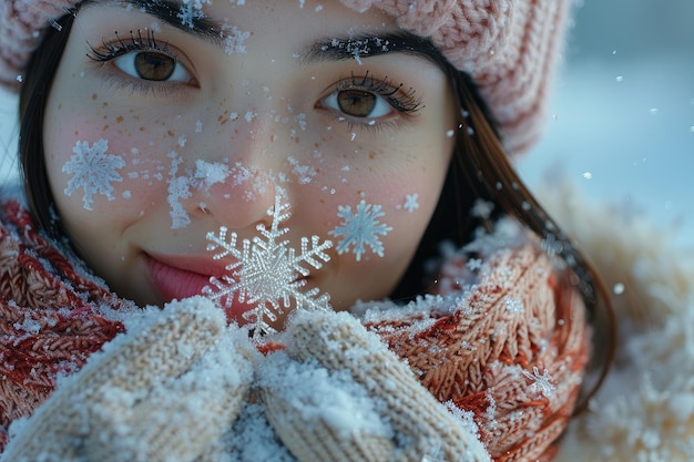 Photo a young woman wearing winter clothing laying on a bed covered in snow