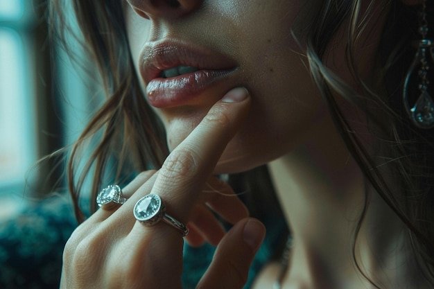 Photo a young woman wears a diamond ring on her middle